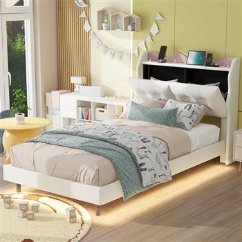 Twin Size Upholstery Platform Bed Frame with LED Light Strips,Headboard Storage Space and Two USB Charging Deisgn,Beige