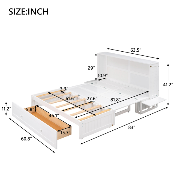 Queen Size Mobile Murphy Bed with Drawer and Little Shelves on Each Side,White 