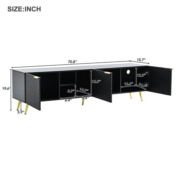 Modern Minimalist Geometric TV Cabinet with Metal Handles and Gold Legs for TVs Up to 80'', Multi-functional TV Stand with Storage Cabinets, Entertainment Center for Living Room, Black