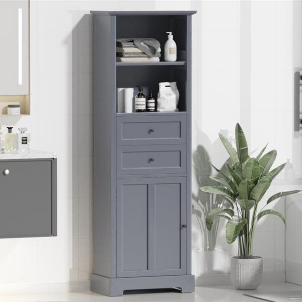 Bathroom Storage Cabinet, Tall Storage Cabinet with Two Drawers, Open Storage, Adjustable Shelf, Grey