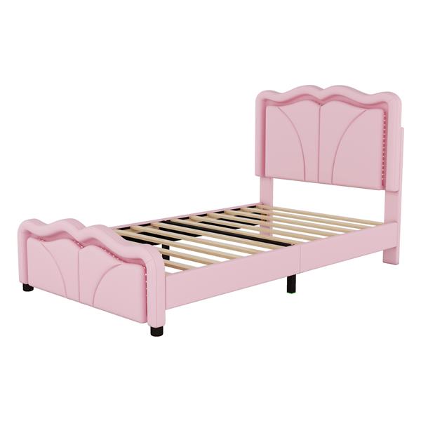 Twin Size Upholstered Platform Bed with Curve Shaped and Height-adjustbale Headboard,LED Light Strips,Pink