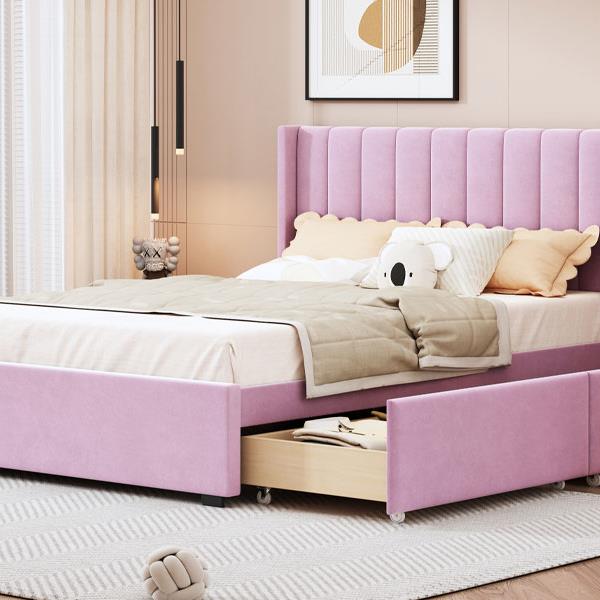 Full Size Upholstered Bed with 4 Drawers, Pink