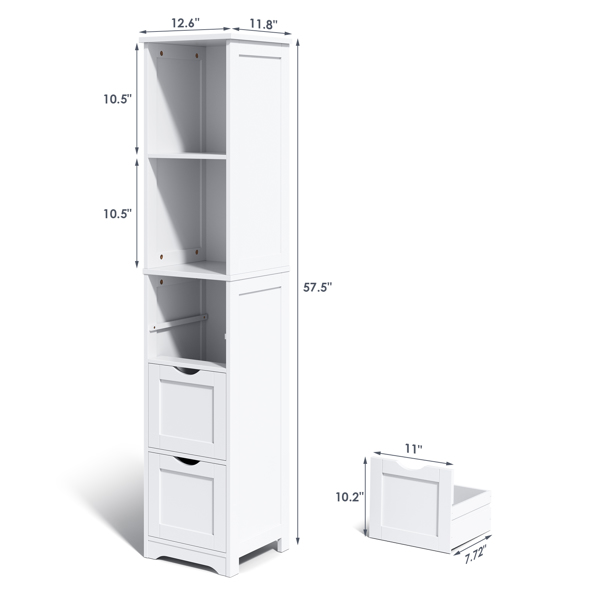 Bathroom Tall Storage Cabinet, Slim Free Standing Cabinet with 3 Drawers and 2 Shelves,Floor Cabinet for Small Space, 11.8" D x 12.6" W x 57.5" H, White 