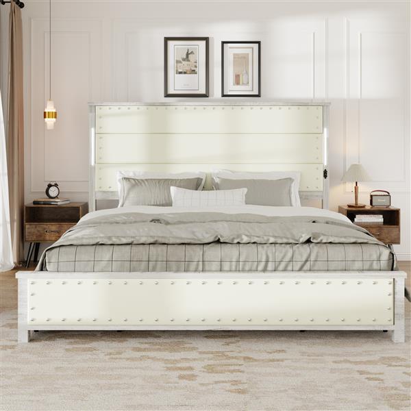 King Size Bed Frame with Upholstered Headboard and  4 Storage Drawers , King Bed Frame with Charging Station and LED Lights, Wood Slats, Beige Faux Leather & Rivets, No Box Spring Needed