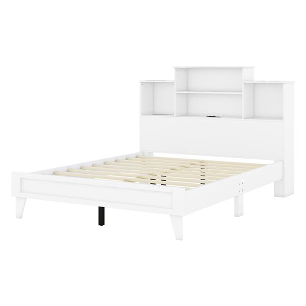 Queen Size Storage Platform Bed Frame with 4 Open Storage Shelves and USB Charging Design,White