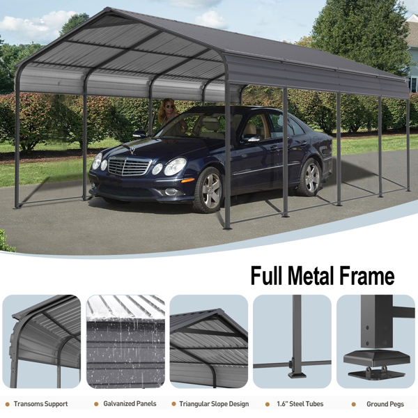 Metal Carport 12 ×20 FT Heavy Duty with Galvanized Steel Roof, Metal Garage Canopy with Galvanized Steel Roof & Frame, Car Tent Outdoor Storage Shed for Car, Boats and Truck, Gray 