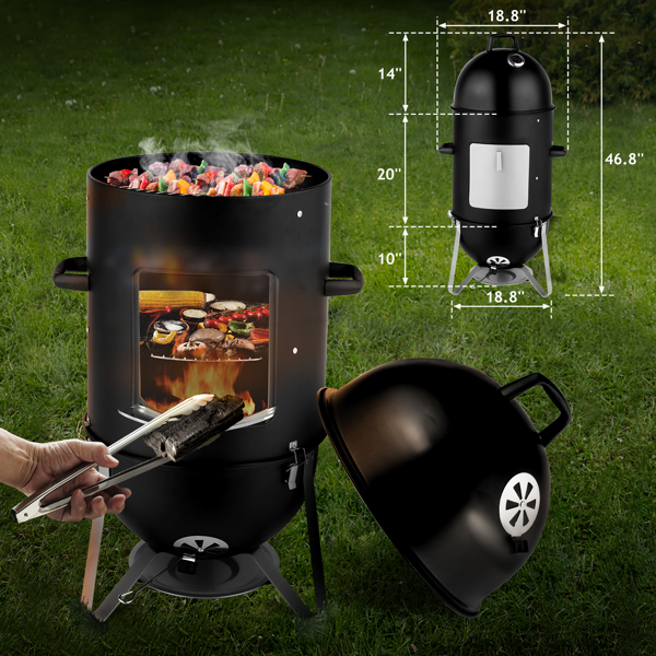 Vertical Steel Charcoal Smoker, Heavy Duty Three Layer Round BBQ Grill Smokey Mountain Cooker for Outdoor Cooking, Black