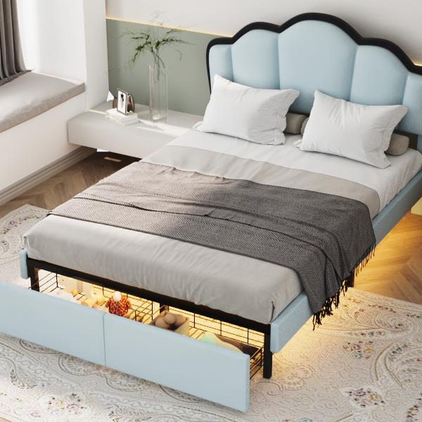 Full Size Upholstered Princess Platform Bed with LED and 2 Storage Drawers, Blue