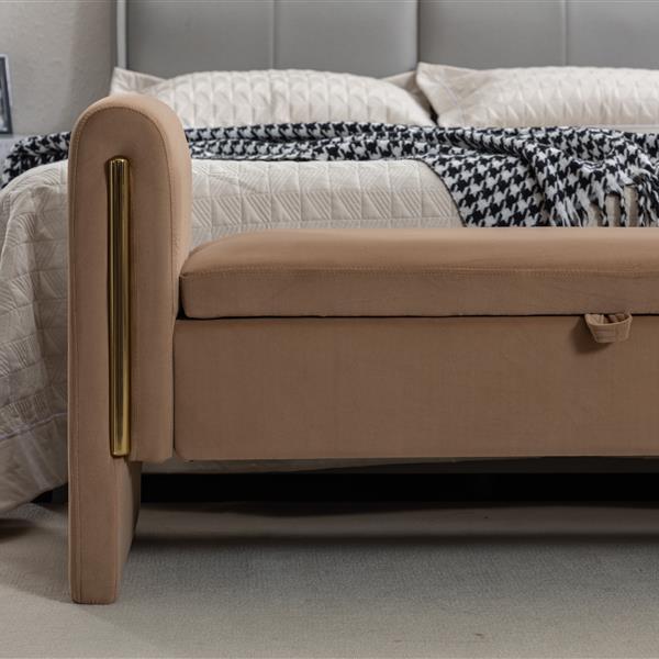 032-Velvet Fabric Storage Bench Bedroom Bench With Gold Metal Trim Strip For Living Room Bedroom Indoor,Coffee