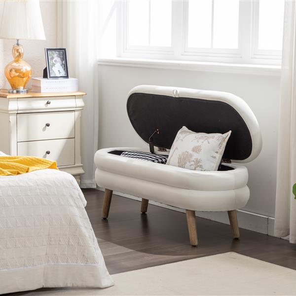 036-Velvet Fabric Storage Bench Bedroom Bench With Wood Legs For Living Room Bedroom Indoor,Ivory