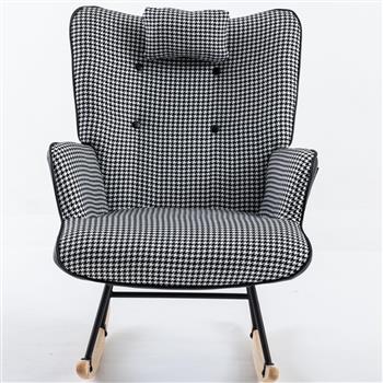 35.5 inch Rocking Chair, Soft Houndstooth Fabric Leather Fabric Rocking Chair for Nursery, Comfy Wingback Glider Rocker with Safe Solid Wood Base for Living Room Bedroom Balcony (black)