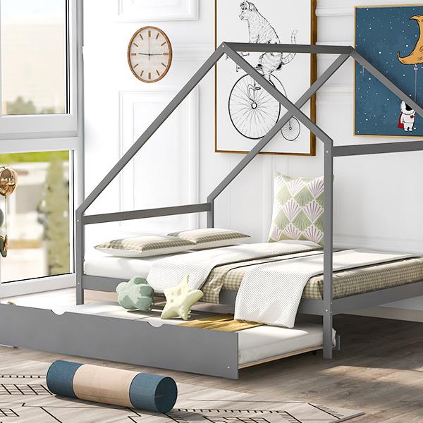 Full Size Wooden House Bed With Twin Size Trundle, GRAY