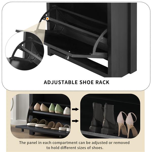 Functional Entryway Organizer with 2 Flip Drawers, Wood Grain Pattern Top Shoe Cabinet with Drawer, Free Standing Shoe Rack with Adjustable Panel for Hallway, Black