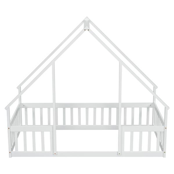 Twin Wood House-Shaped Floor Bed with Fence, Guardrails ,White