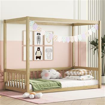 Twin Size Canopy Frame Floor Bed with Fence, Guardrails,Natural