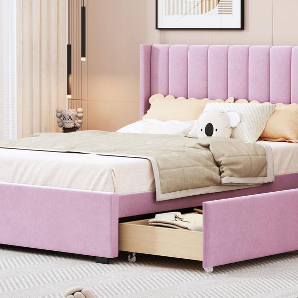 Full Size Upholstered Bed with 4 Drawers, Pink