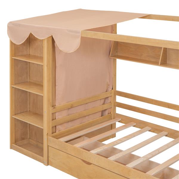 Twin size House Bed with Two Drawers and Wardrobe,Natural