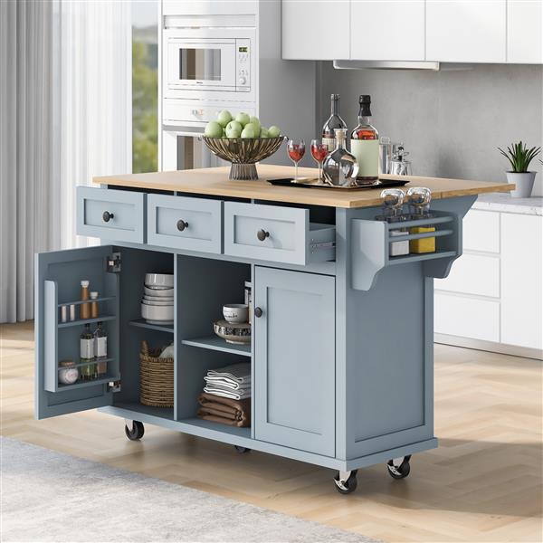 Kitchen Cart with Rubber wood Drop-Leaf Countertop ,Cabinet door internal storage racks,Kitchen Island on 5 Wheels with Storage Cabinet and 3 Drawers for Dinning Room, Grey Blue