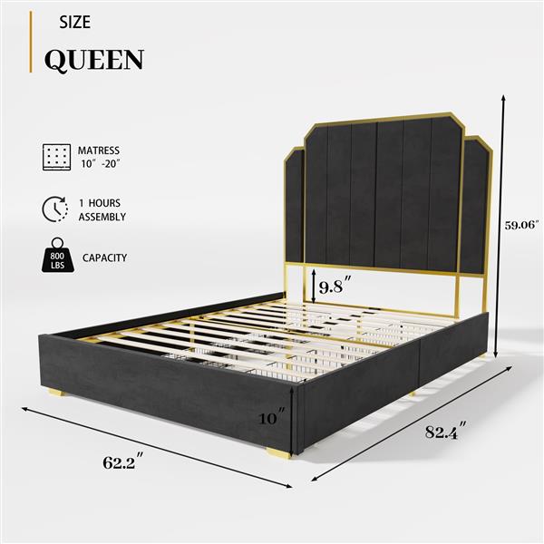 Queen Size Bed Frame and 59.06" Headboard, Upholstered Bed with lden Plating Trim, Modern Platform Bed No Box Spring Needed, Black