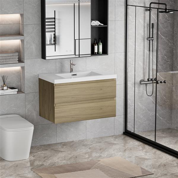 36" Floating Bathroom Vanity with Sink, Modern Wall-Mounted Bathroom Storage Vanity Cabinet with Resin Top Basin and Soft Close Drawers, Natural Oak 24V11-36NO