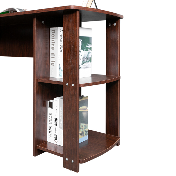 L-Shaped Wood Right-angle Computer Desk with Two-layer Bookshelves Dark Brown