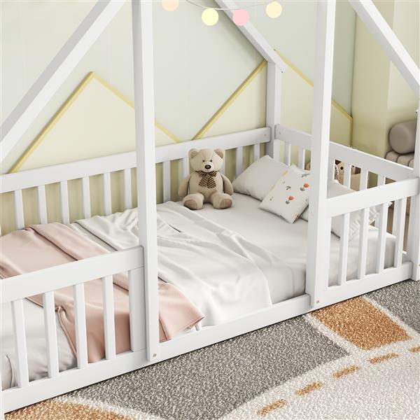 Twin Wood House-Shaped Floor Bed with Fence, Guardrails ,White