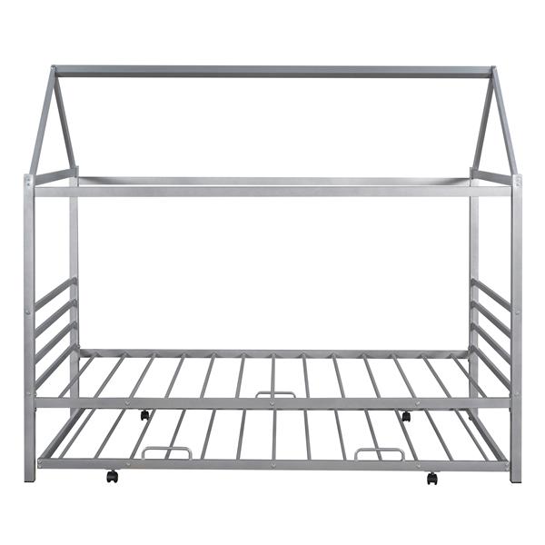 Twin Size Metal House Shape Platform Bed with Trundle,Silver