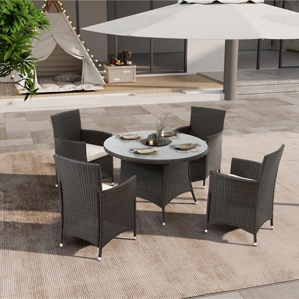 5 Piece Outdoor Dining Set All-Weather Wicker Patio Dining Table and Chairs with Cushions, Round Tempered Glass Tabletop with Umbrella Cutout for Patio Backyard Porch Garden Poolside(Brown-White)