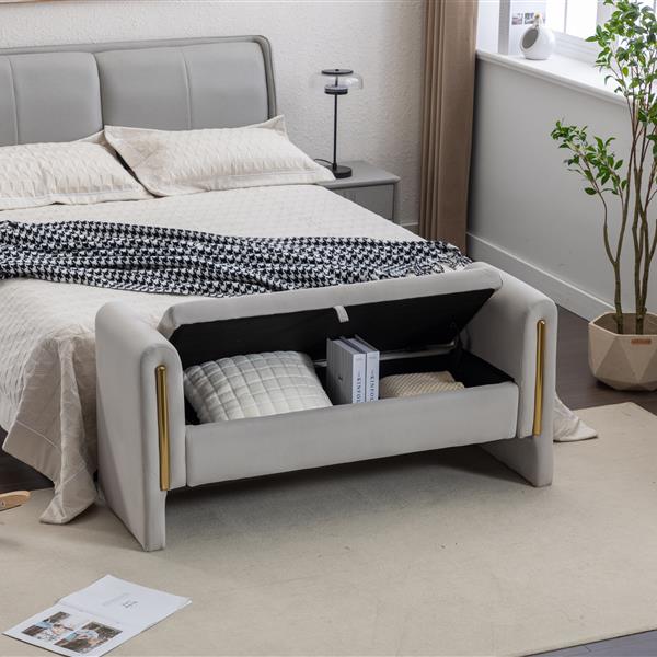 032-Velvet Fabric Storage Bench Bedroom Bench With Gold Metal Trim Strip For Living Room Bedroom Indoor,Light Gray