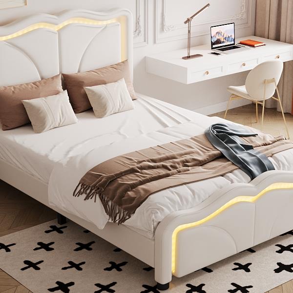 Twin Size Upholstered Platform Bed with Curve Shaped and Height-adjustbale Headboard,LED Light Strips,White