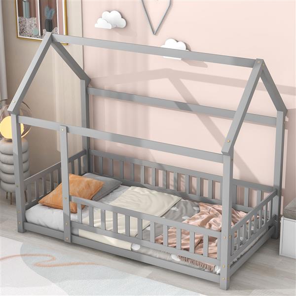 Twin Size Floor Wooden Bed with House Roof Frame, Fence Guardrails,Grey