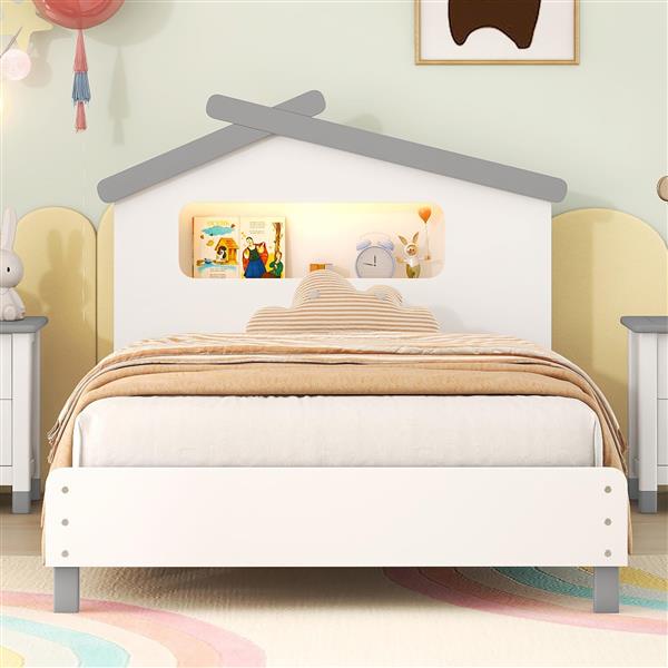 Twin Size Wood Platform Bed with House-shaped Headboard and Motion Activated Night Lights (White+Gray)