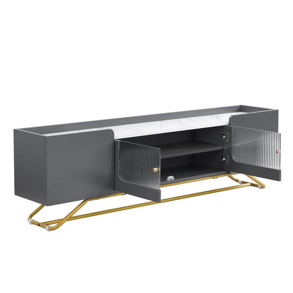 Sleek Design TV Stand with Fluted Glass, Contemporary Entertainment Center for TVs Up to 70", Faux Marble Top TV Console Table with Gold Frame Base, Grey