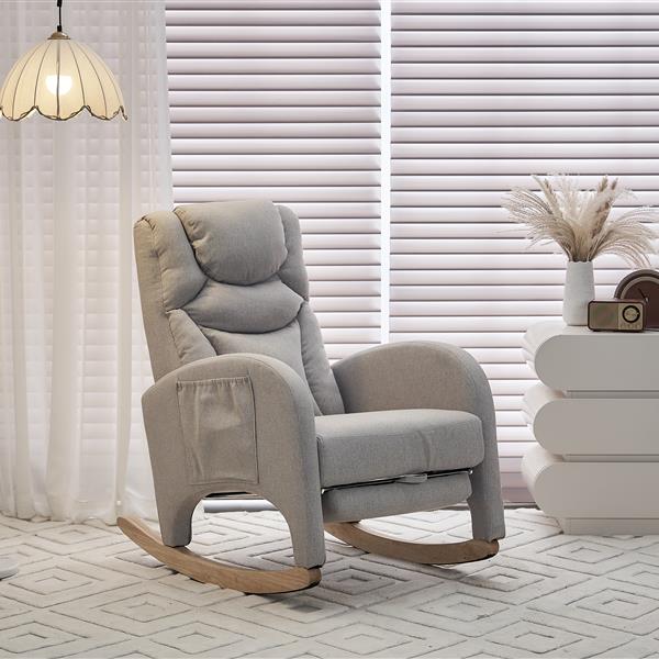 052- Cotton Linen Fabric Nursery Rocking Chair With Adjustable Footrest,Light Gray