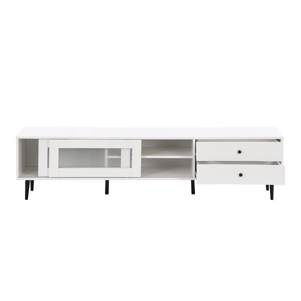 Chic Elegant Design TV Stand with Sliding Fluted Glass Doors, Slanted Drawers Media Console for TVs Up to 75", Modern TV Cabinet with Ample Storage Space, White