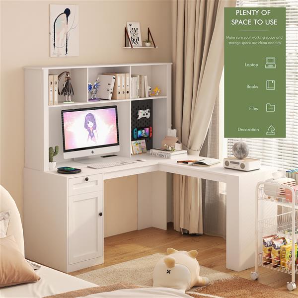 L Shaped Desk with outlet, Computer Desk with Drawers, Bookshelf & Hutch, Modern Corner Desk, Home Office Desk,L-Shaped Study Table Writing Desk,Corner Gaming Computer Desk with Storage