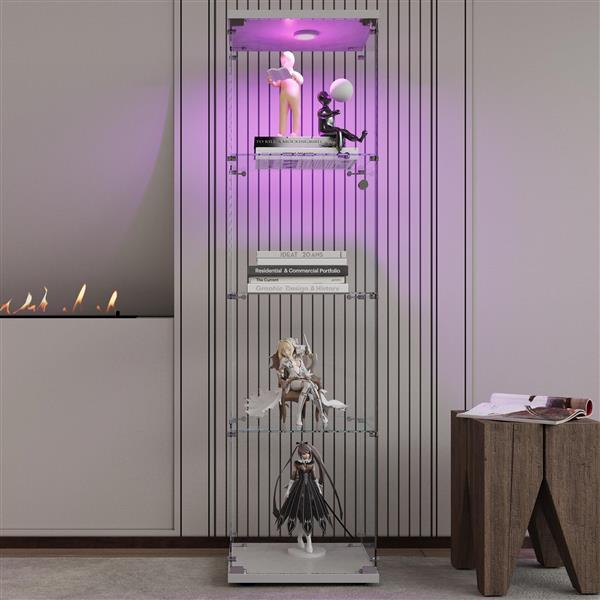 LED lights Glass Display Cabinet 4 Shelves with Door, Floor Standing Curio Bookshelf for Living Room Bedroom Office, 64.7"*16.7"*14.3" 
 white