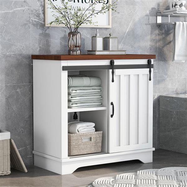 Bathroom Storage Cabinet, Freestanding Cabinet, Sliding Barn Door, Thick Top, Adjustable Shelf, White and Brown