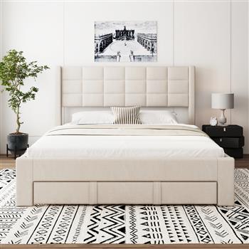 Queen Size Upholstered Platform Bed with A Big Drawer, Beige