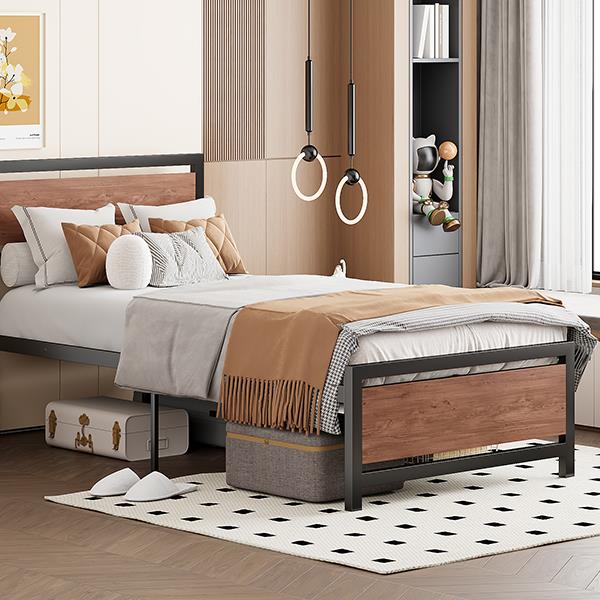 Twin Size Platform Bed, Metal and Wood Bed Frame with Headboard and Footboard, Black