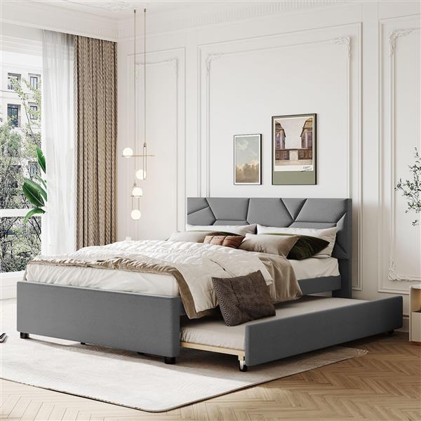 Queen Size Upholstered Platform Bed with Brick Pattern Headboard and Twin XL Size Trundle, Linen Fabric, Gray