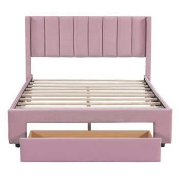 Full Size Storage Bed Velvet Upholstered Platform Bed with a Big Drawer - Pink