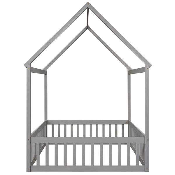 Full Size Wood House Bed with Fence and Door, Gray Wash