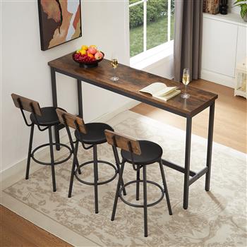 Long Bar Table Set with 3 PU Upholstered Bar Stools, Industrial Bar Table and Chairs for Kitchen Breakfast Table, Living Room, Banquet Hall, Rustic Brown and Black, 63″L x15.7\\"W x 37.5\\"H