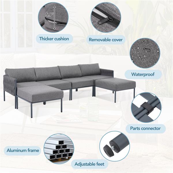 6-Pieces Aluminum Patio Furniture Set, Modern Metal Outdoor Conversation Set Sectional Sofa With Removable Olefin Extra Thick Cushions 5.9" Cushion, Grey