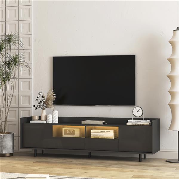 High Gloss TV Stand with LED Light for TVs up to 70 inche, Modern Home Entertainment Center with Open Shelves and Drawers, Media Console TV Stand for Living Room