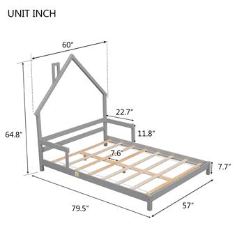 Full House-Shaped Headboard Bed with Handrails ,slats ,Grey