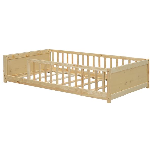 Twin size Floor Platform Bed with Built-in Book Storage Rack,Natural