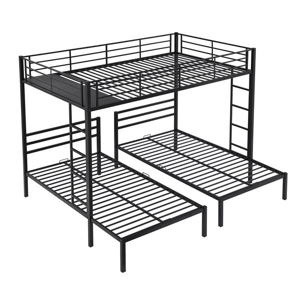 Full over Twin&Twin Size Bunk Bed with Built-in Shelf, Black