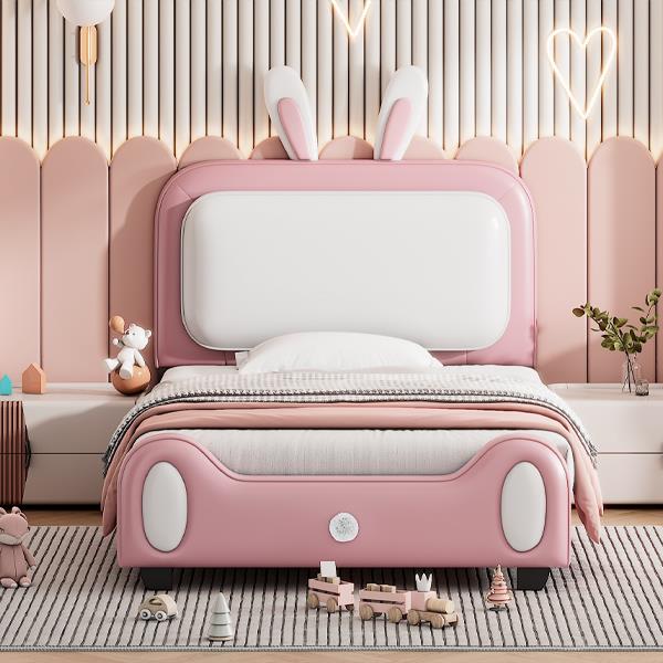 Twin size Upholstered Rabbit-Shape Princess Bed ,Twin Size Platform Bed with Headboard and Footboard,White+Pink